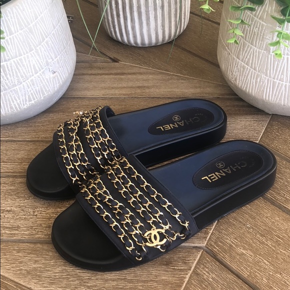 CHANEL Shoes - CHANEL Marine Navy Gold Chain Mule Slides